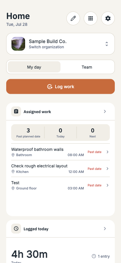 timecue dashboard showing projects, assigned work, logged time and recent activity