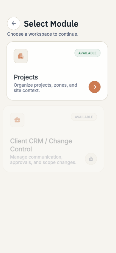 timecue mobile module selection showing the Projects workspace