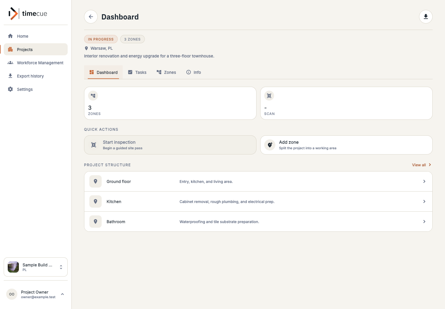 timecue mobile module selection showing the Projects workspace
