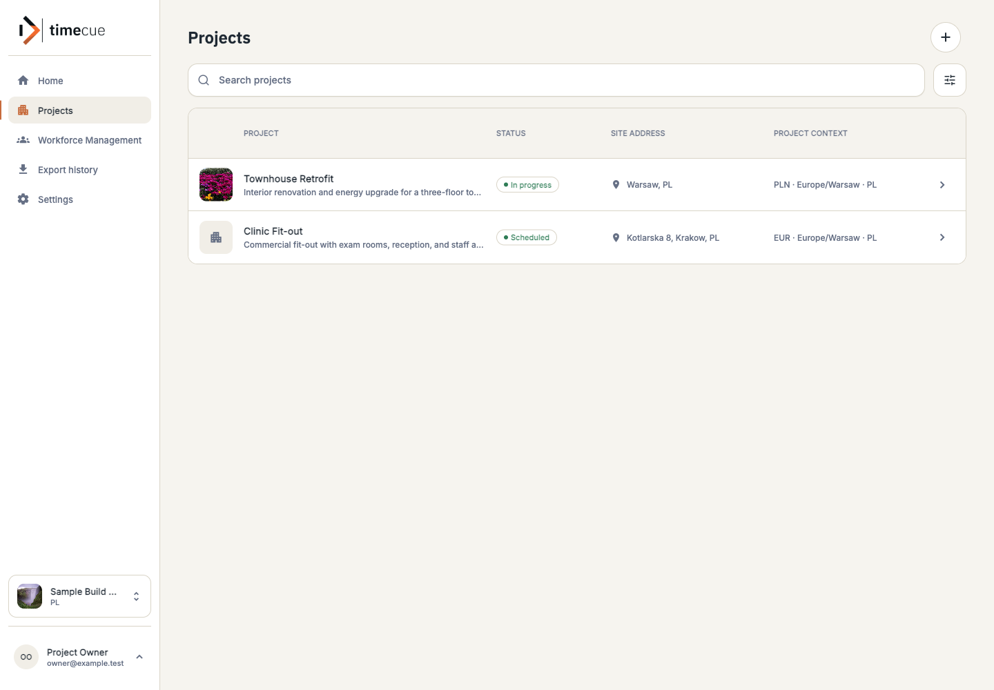 timecue module selection showing Projects, Workforce Management, and Worklogs.