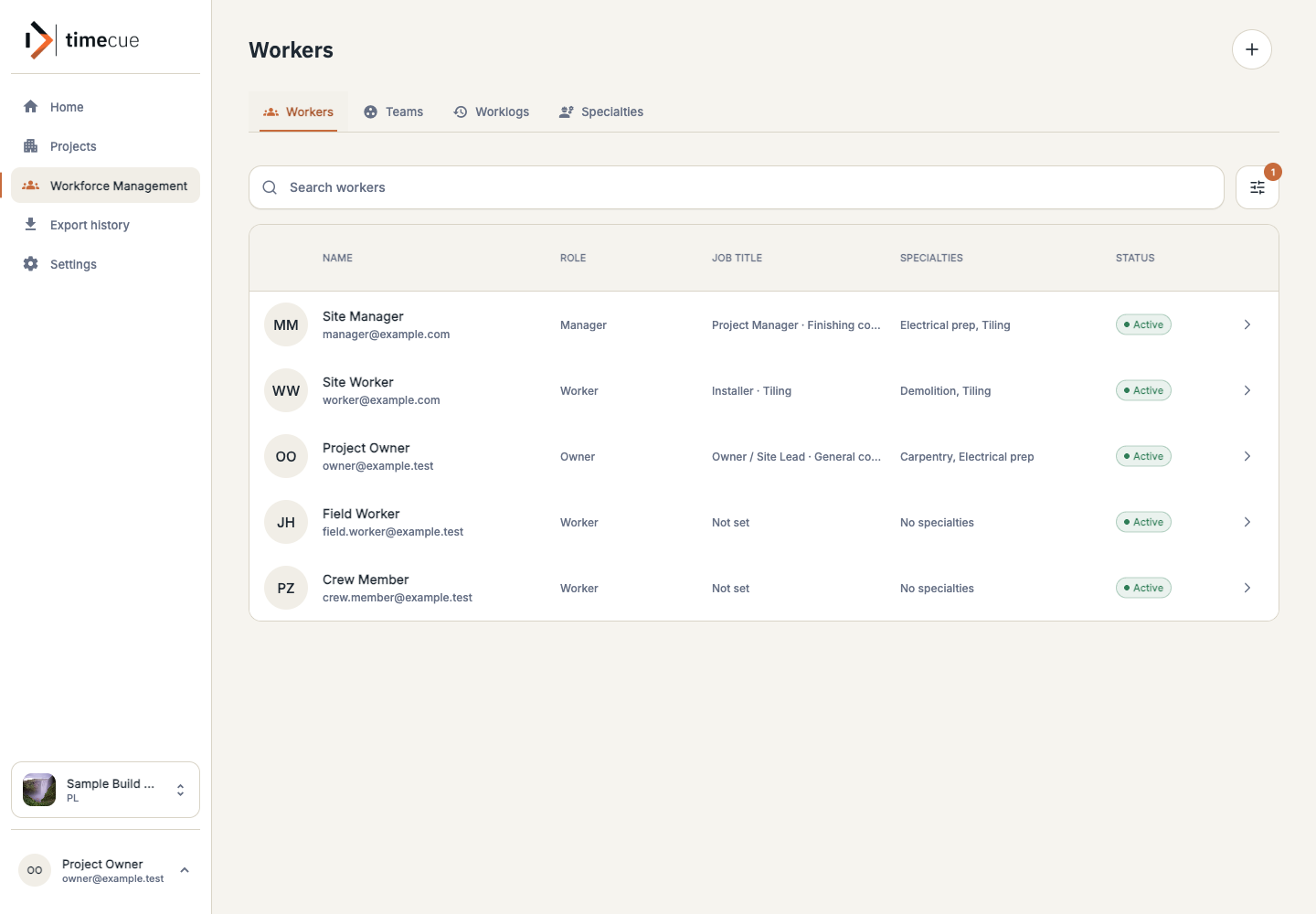 timecue workforce screen showing employees, availability and current assignments