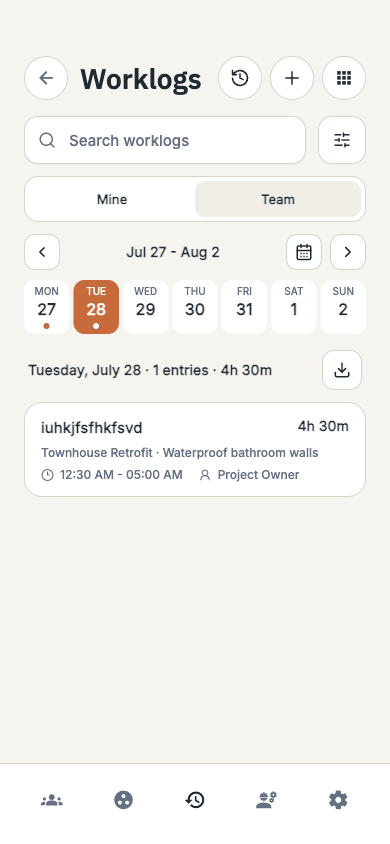 timecue worklogs showing daily entries linked to project work