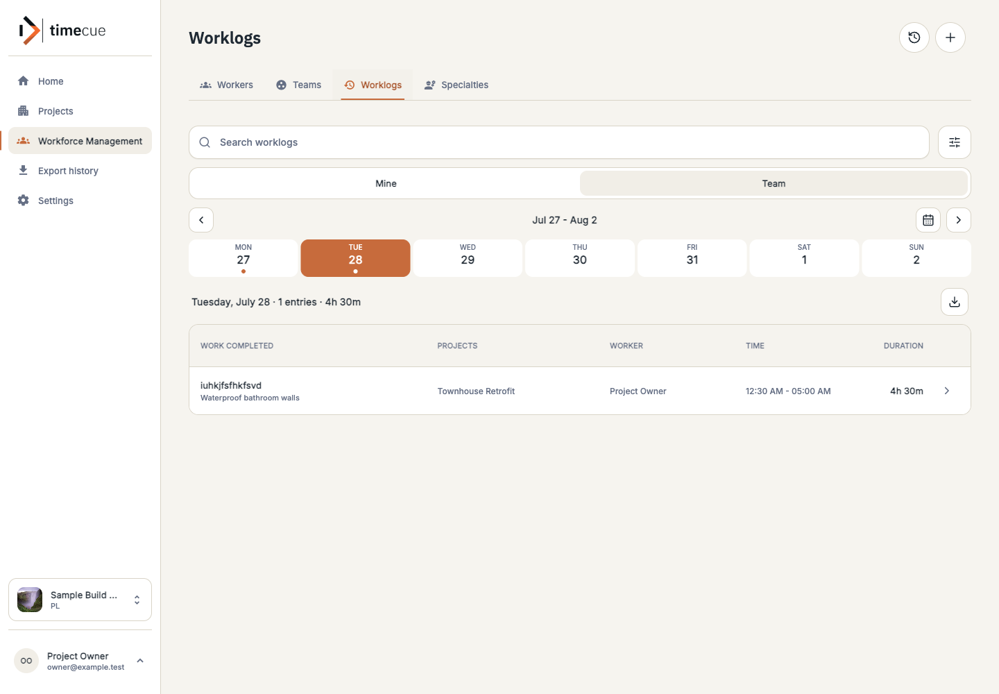 timecue worklogs showing daily entries linked to project work